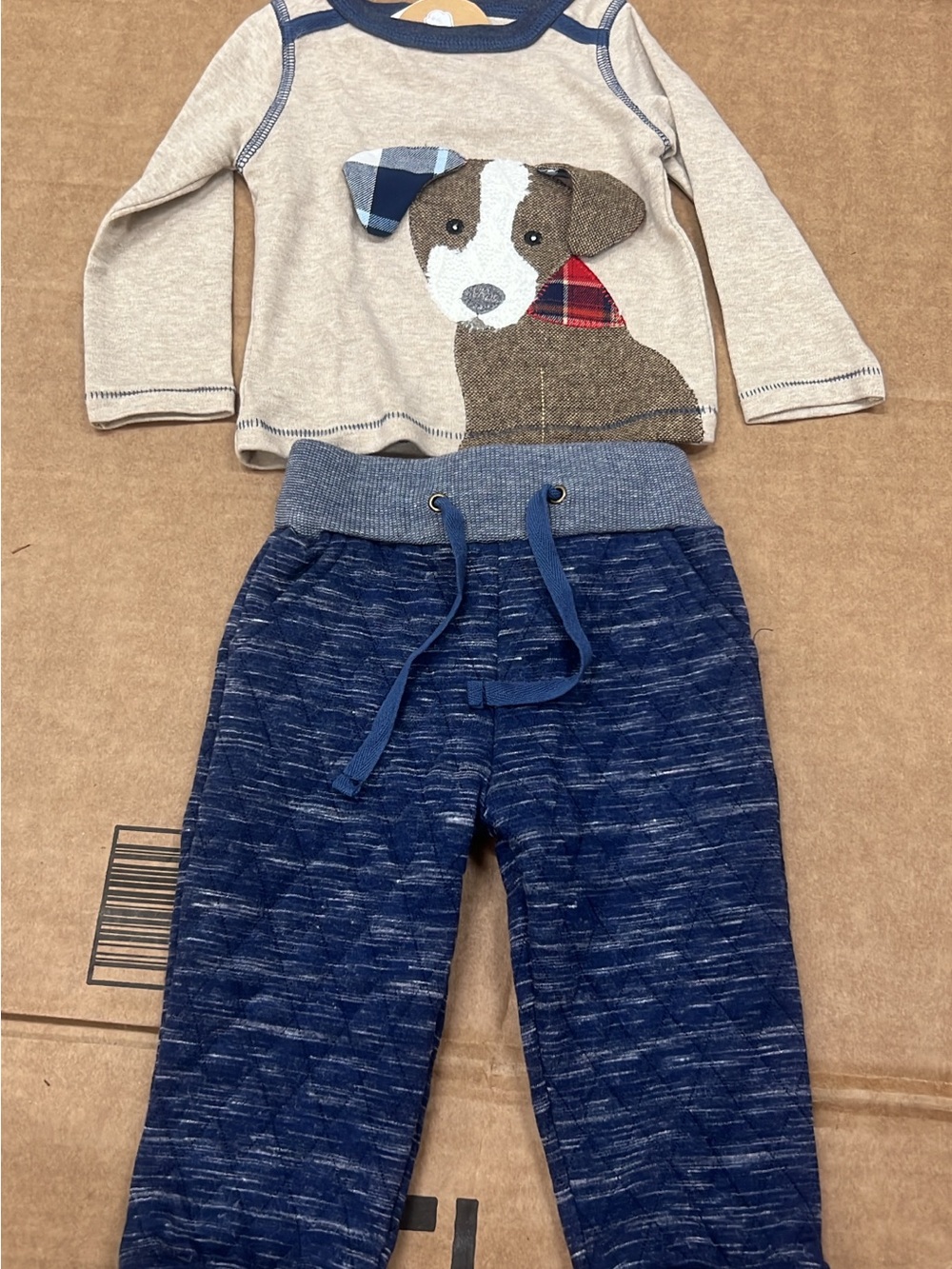 Mud Pie Beige Top with Navy Trim & Blue Jogger Set